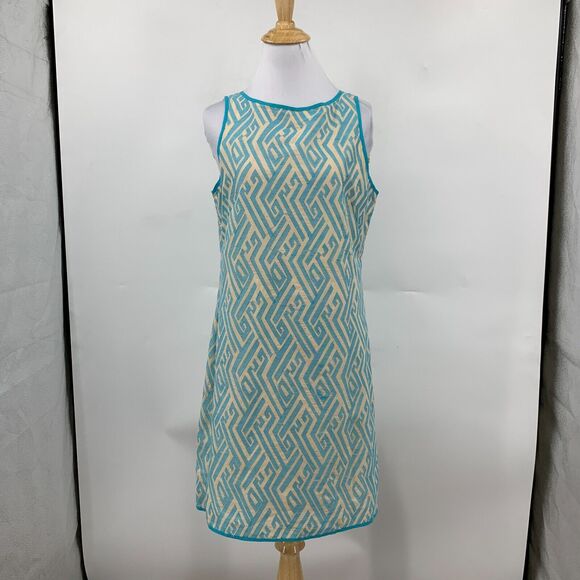 Chelsea & Violet Dress Womens Small Beige Blue Shift Textured Keyhole Ikat Lined - Picture 2 of 15